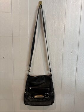 b. makowsky Black Leather Crossbody Bag with Silver Hardware